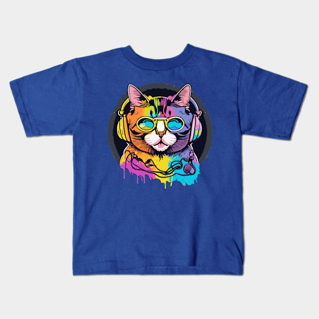 t-shirt design, colorful cat with headphones on, graffiti art psychedelic art, black background, synthwave, colorful Kids T-Shirt by goingplaces